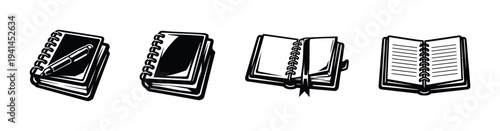 Black and white notebooks and journals with spiral binding vector illustration set