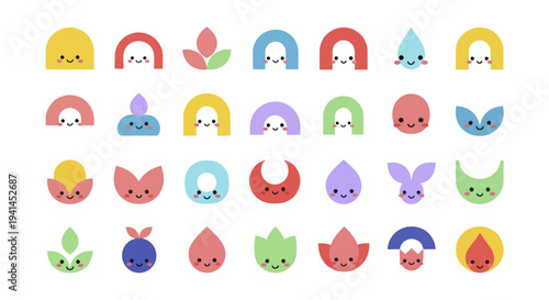 Collection of Cute and Colorful Abstract Cartoon Faces and Shapes.