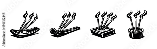 Black and white incense stick holders silhouette set with smoke vector illustration
