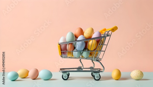 Online Easter shopping concept with toy cart and painted eggs