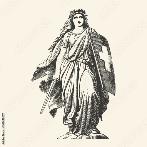 Ancient warrior queen standing regal with sword and cloak in detailed sketch illustration