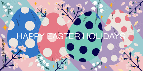 A colorful Easter holiday graphic with polka dot eggs and cherry blossoms