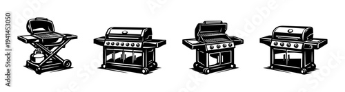 Set of black and white gas barbecue grill silhouettes illustration vector