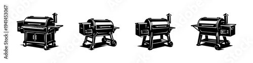 Black and white vector illustration of different barbecue grill models, silhouette style