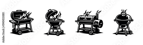 Collection of black and white grills silhouette vector illustration for barbecue themes