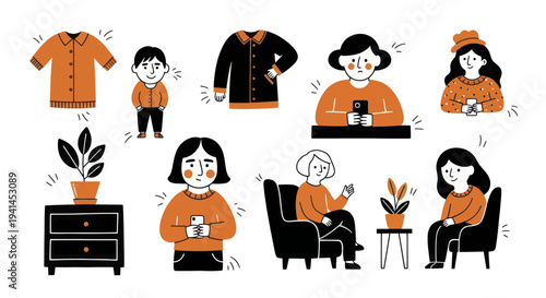 Collection of hand-drawn illustrations depicting people, clothing, and home decor items.