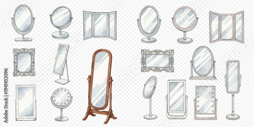 Set of various mirrors with different shapes and frames, including standing, oval, round, and ornate designs, on a transparent background.