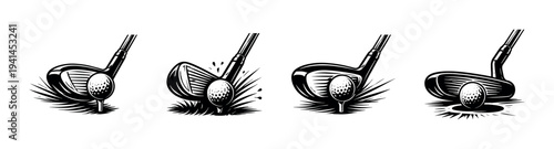 Golf club and ball silhouette vector set featuring sport equipment in action