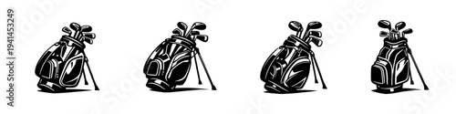 Golf bag vector silhouette set, black and white, sports equipment illustration