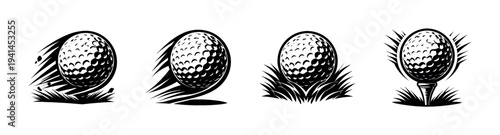 Golf ball silhouette vector set with grass and tee elements in black and white