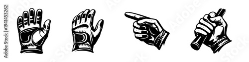 Vintage baseball gloves and hands vector illustration in black and white