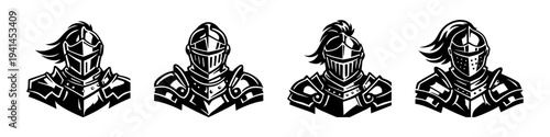Black and white vector illustration of medieval knight helmet set silhouettes