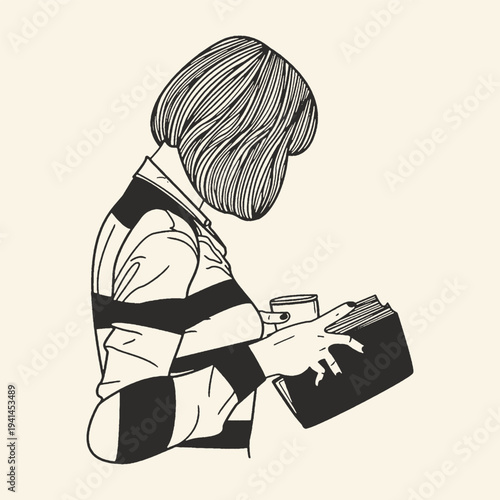 Pregnant woman holding ultrasound scan black white line art minimalist illustration