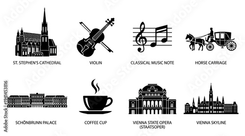 Vienna Culture Vector Illustration – Cathedrals, Palaces, Music, Coffee, Opera, and Skyline Symbols in Black Silhouette for Educational, Tourism, and Graphic Design Projects