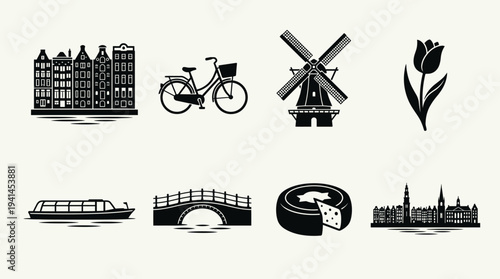 Netherlands Culture Vector Illustration – Windmills, Tulips, Canal Houses, Cheese, and Dutch Landmarks in Black Silhouette for Educational, Tourism, and Graphic Design Projects