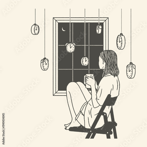 Woman in white dress praying at night by moonlit window with hanging clocks