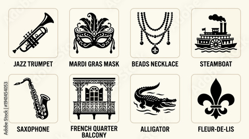 New Orleans Culture Vector Illustration – Jazz, Mardi Gras, Architecture, Wildlife, and Fleur-de-Lis Symbols in Black and White for Educational and Graphic Design Projects