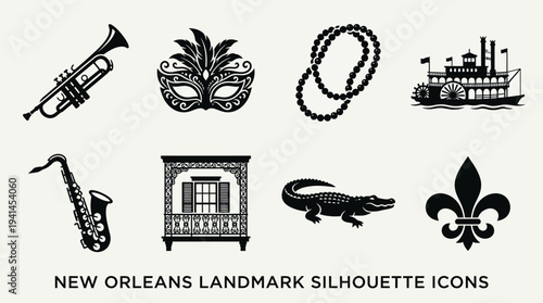 New Orleans Culture Vector Illustration – Jazz, Mardi Gras, Architecture, Wildlife, and Fleur-de-Lis Symbols in Black and White for Educational and Graphic Design Projects