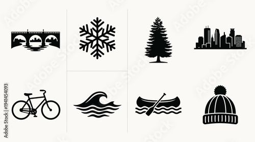 Outdoor and Urban Life Vector Illustration – Bridges, Snowflakes, Trees, Waves, Canoes, Skylines, and Seasonal Symbols in Black Silhouette for Educational and Graphic Design Projects