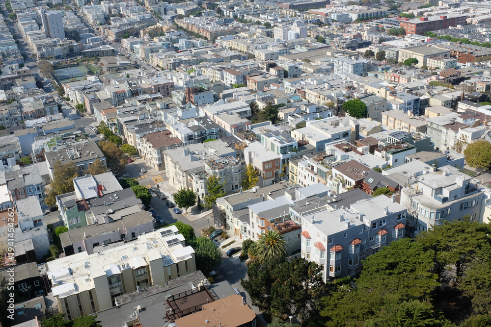 Fototapeta premium View of San Francisco cityscape showing buildings and streets from a high point during daytime