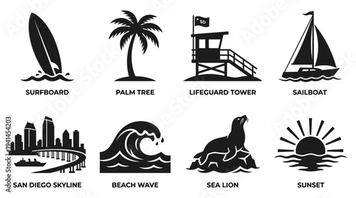 Coastal Life Vector Illustration – Surfing, Palm Trees, Marine Animals, Waves, and City Skyline Silhouettes in Black for Educational, Decorative, and Graphic Design Projects