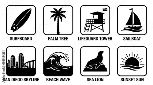 Coastal Life Vector Illustration – Surfing, Palm Trees, Marine Animals, Waves, and City Skyline Silhouettes in Black for Educational, Decorative, and Graphic Design Projects