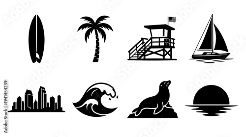 Coastal Life Vector Illustration – Surfing, Palm Trees, Marine Animals, Waves, and City Skyline Silhouettes in Black for Educational, Decorative, and Graphic Design Projects
