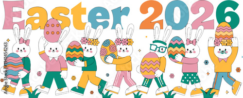 A colorful Easter illustration featuring cartoon bunnies holding eggs and celebrating Easter 2026 in a playful and festive vector graphic design.