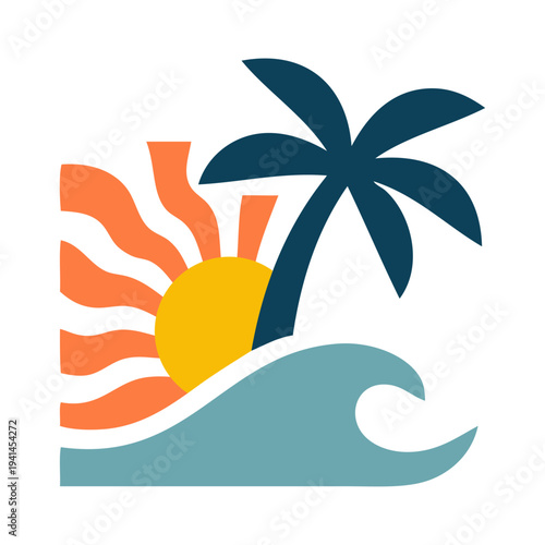 Logo agencia de viajes. Vacaciones de verano. Dibujo sencillo con siluetas de un paisaje con la palma, sol y olas de mar