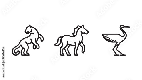 Black Line Art Illustrations Of Lion Horse And Crane On White Background For Animal Design Concepts