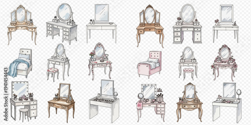 Set of elegant dressing tables with mirrors and decorative elements, perfect for bedroom interiors and beauty routines.