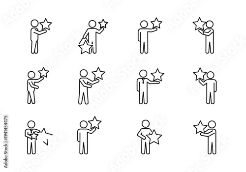 Business person holding a star icon set, thin line style for employee recognition, success, and achievement concepts