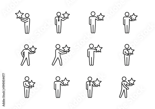 Business person holding a star icon set, thin line style for employee recognition, success, and achievement concepts