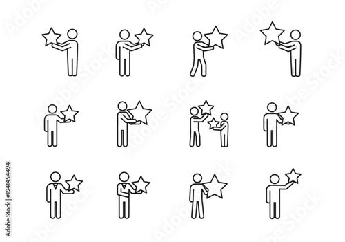 Business person holding a star icon set, thin line style for employee recognition, success, and achievement concepts