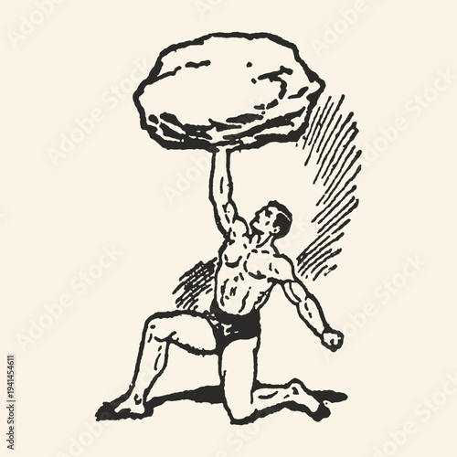 Muscular man lifting heavy boulder strength challenge determination black white sketch illustration