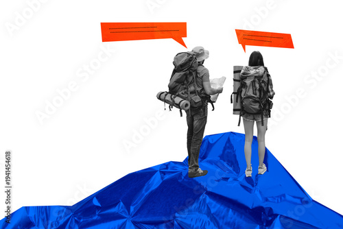Exclusive art banner collage of two anonym girl guy stand back hold map summer wanderlust adventure tourist hikers wear bag bubble