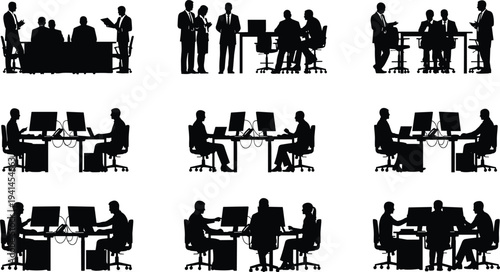 Set of professional business silhouettes featuring office workers in meetings, people at computer desks, corporate teamwork, and cad drawing flat vector illustration.