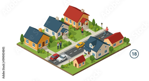 Isometric suburban neighborhood with houses, cars, and people, vibrant illustration