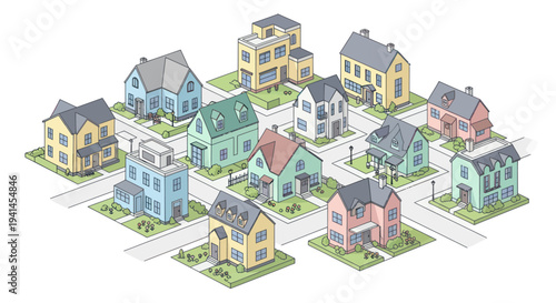 Isometric Neighborhood: Colorful Houses on Streets