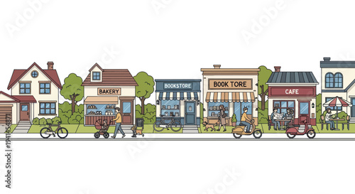 Charming Street Scene with Diverse Small Businesses and People