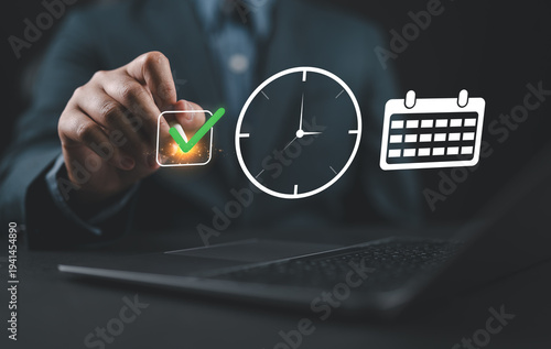 Person using laptop with digital icons of check mark, clock, and calendar, symbolizing task completion, scheduling, time tracking, and productivity management in a modern digital workflow.