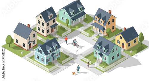 Isometric neighborhood with colorful houses, people, and trees