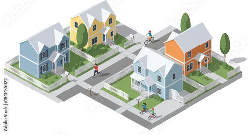 Isometric suburban neighborhood with colorful houses, people jogging and biking