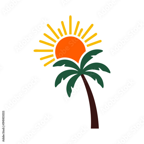 Logo agencia de viajes. Vacaciones de verano. Dibujo sencillo con siluetas de un paisaje con la palma y un sol 