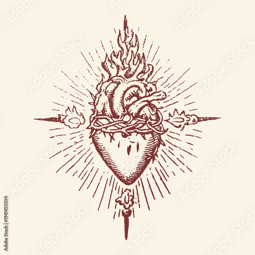 Sacred heart symbol with flames and thorns minimalist line art illustration