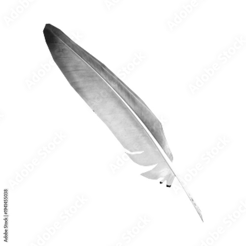 Minimal halftone feather illustration made of tiny dots, monochrome quill silhouette isolated on white background. Elegant decorative element for design, tattoo, poster, or vintage style graphic.