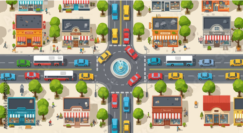 Busy City Intersection with Traffic, Roundabout, and Buildings