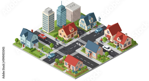 Isometric suburban neighborhood with houses, apartments, cars, and people