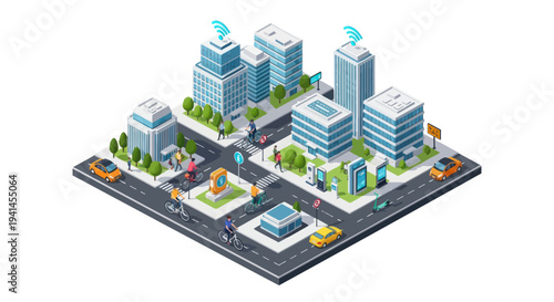 Smart City Isometric View: Futuristic Urban Landscape with Connected Technology and Sustainable Transport