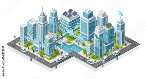 Isometric smart city illustration with futuristic buildings, green spaces, and solar panels.